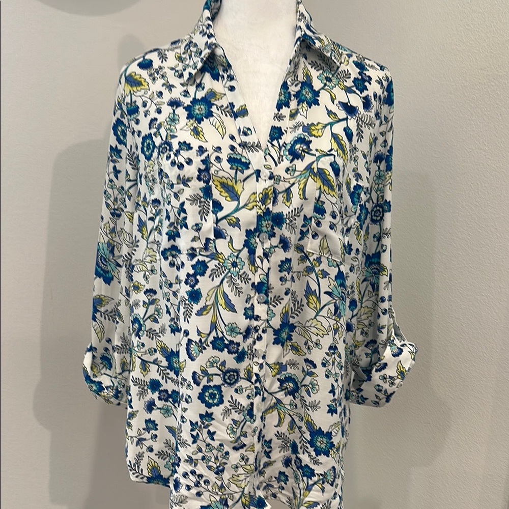 BCX Blue and Yellow Floral Button Down Shirt
